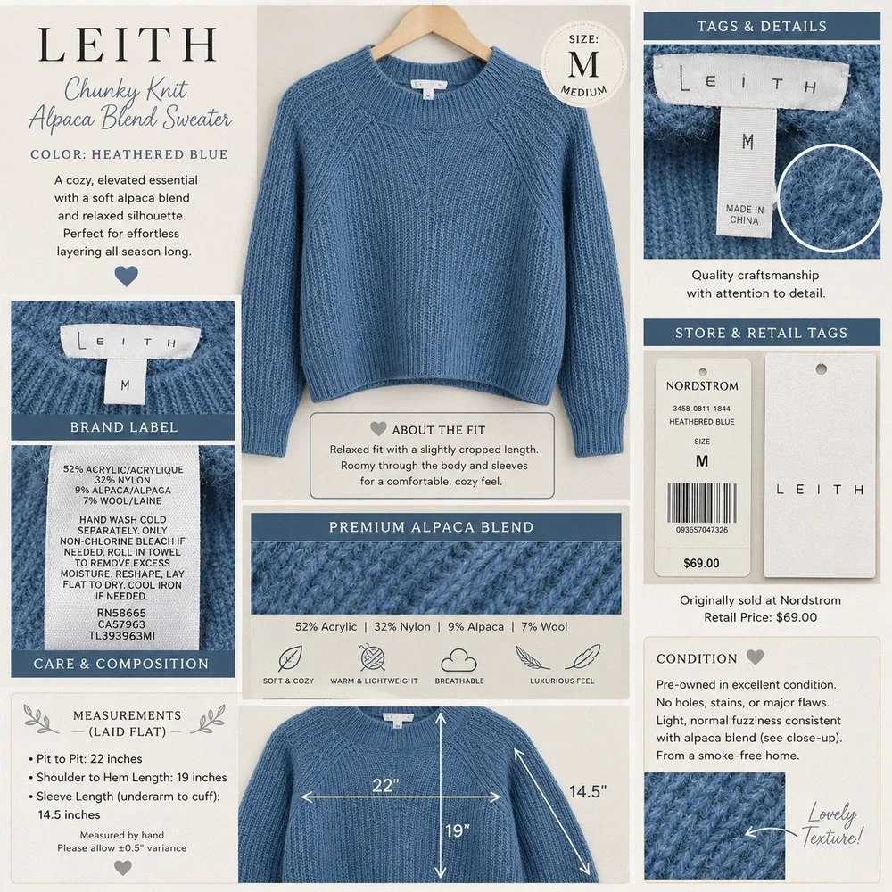 Leith Women's Medium Blue Alpaca Blend Cropped Sweater Coastal Chunky Knit